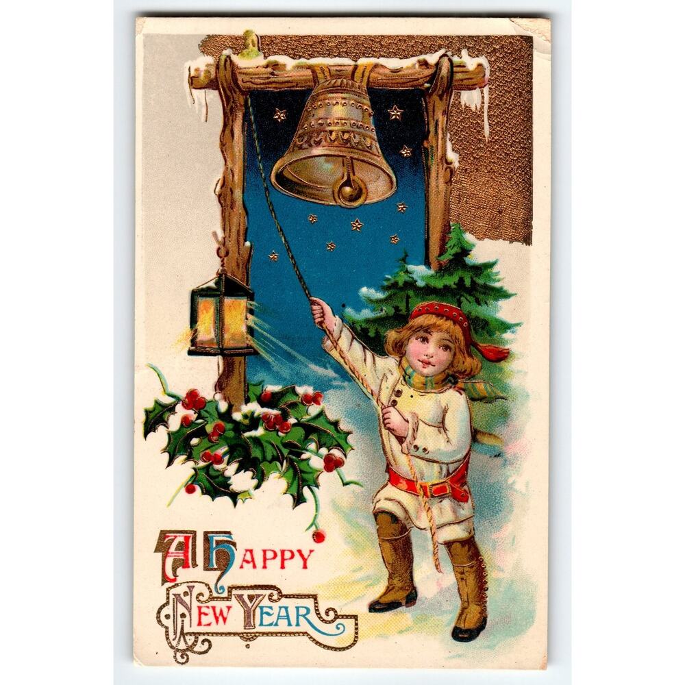 Vintage 1914 Christmas New Year Postcard Child Ringing Bell Made in Saxony Gel